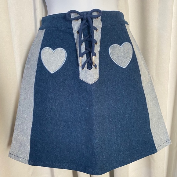 NWT LAZY OAF Double Denim Heart Mini Skirt - Picture 2 of 6